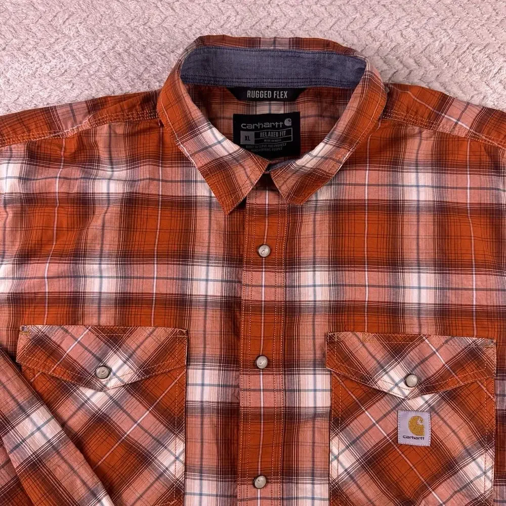 Carhartt Men’s‎ XL Pearl Snap Orange Plaid Relaxed Fit Rugged Flex